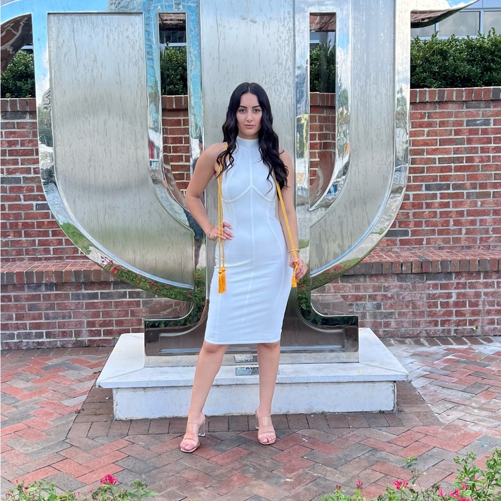 High Neck White Fitted Dress - Picture 2 of 3